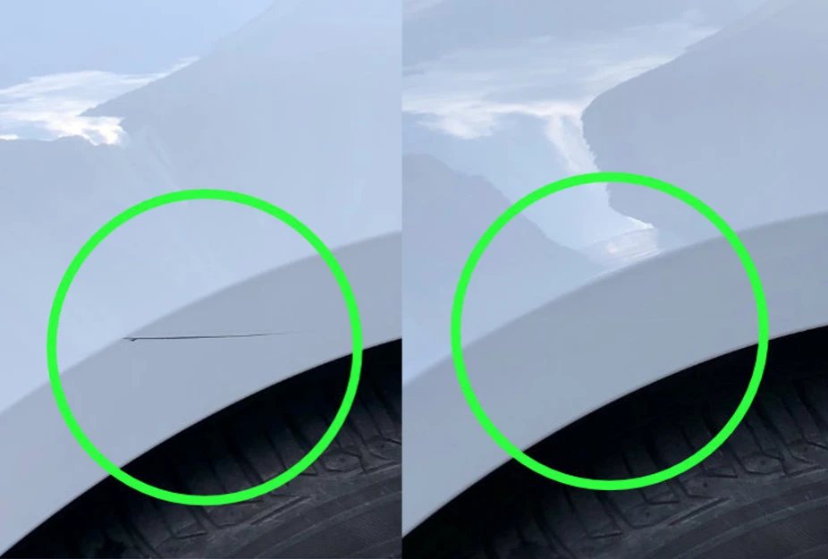 A scratch on a white car, before and after touch-up